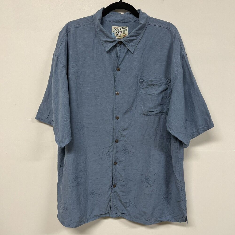 Big Dogs 100% Silk Hawaiian Shirt 2X Cocktail Embroidered Blue Resort Y2K Read